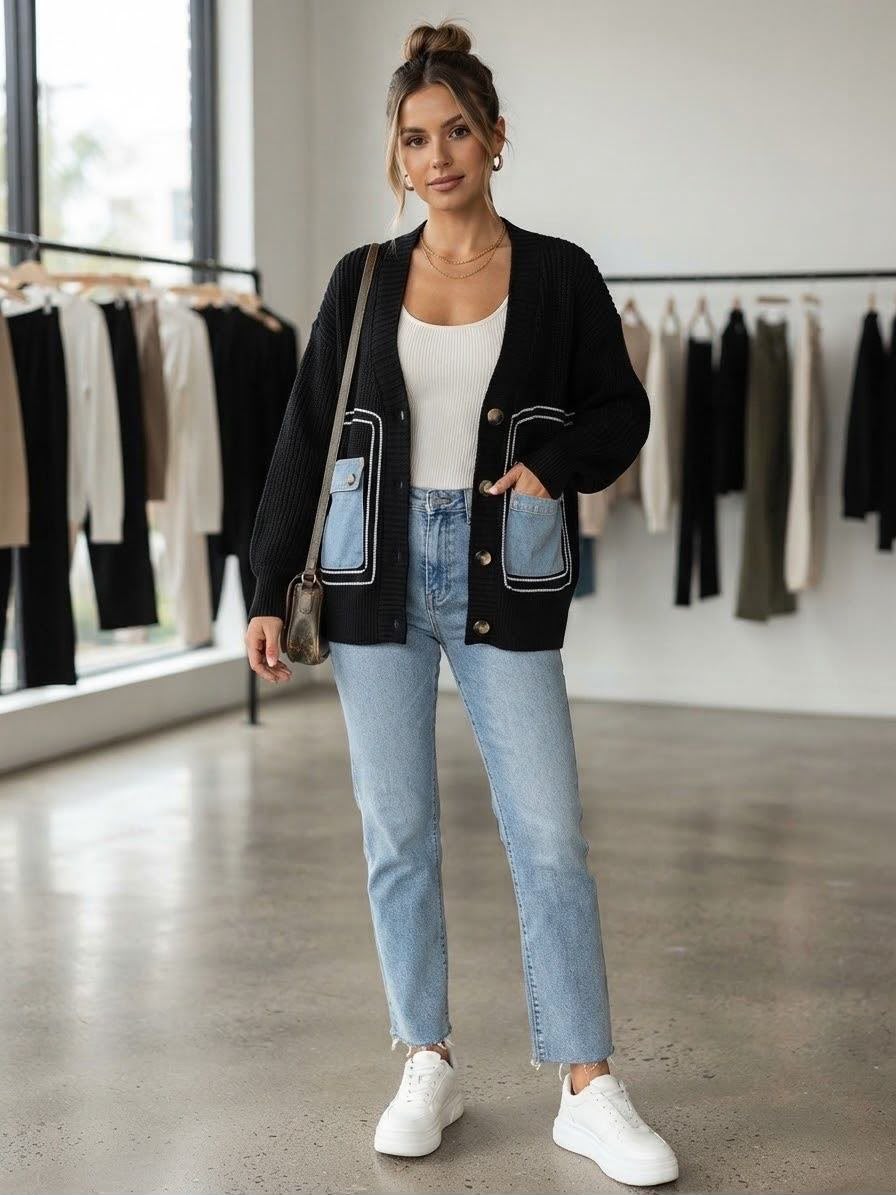 Cardigan Hybrid Jean noir porté